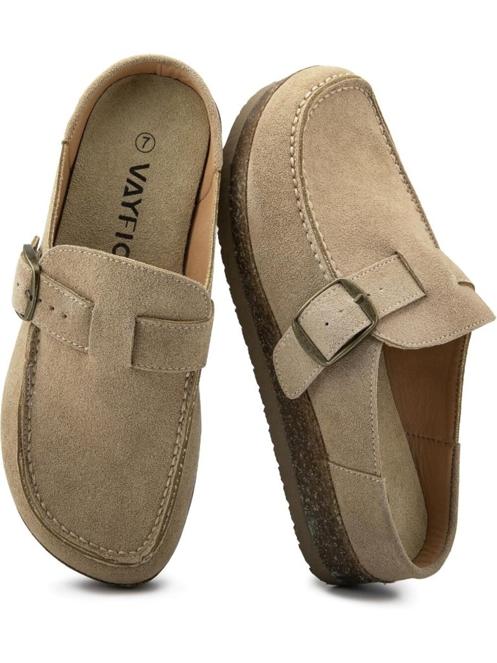 🆕Women's Khaki Leather Buckle Clogs Non Slip Platform Mules Slip-On Slides